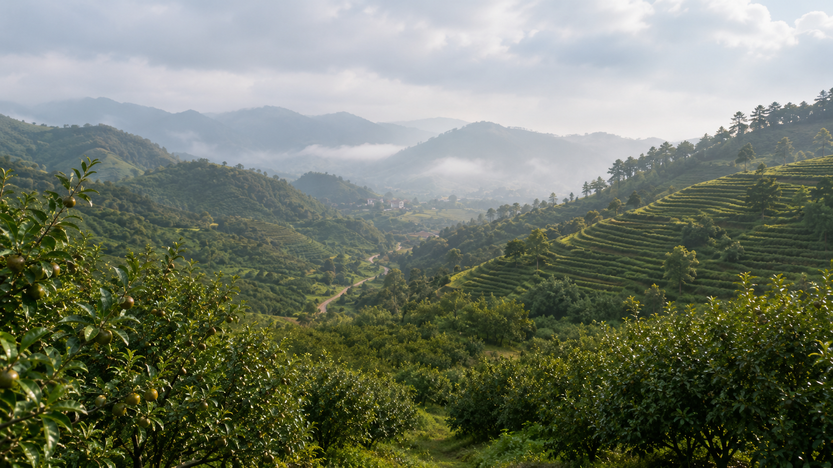 南方山地山茶种植基地远景，体现和缘农业产地基础