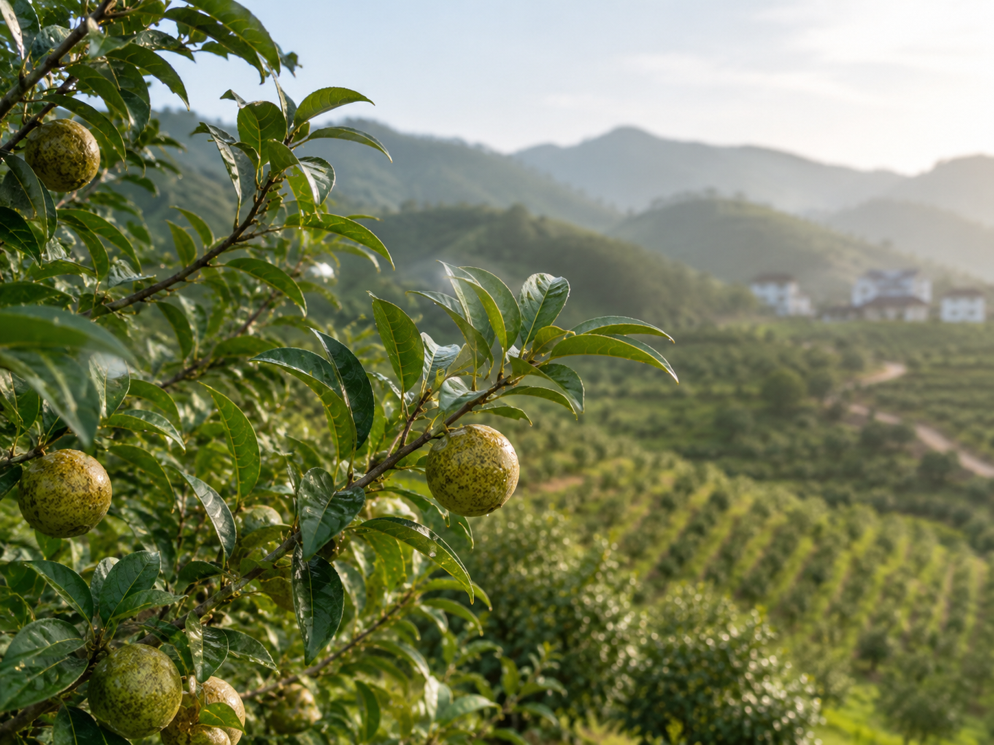 油茶果枝叶与南方山地种植基地，展示和缘农业山茶资源