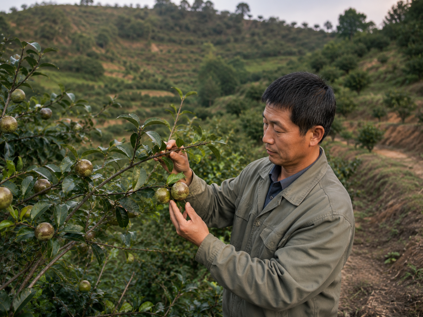 工作人员查看油茶果生长状态，体现基地日常管护场景