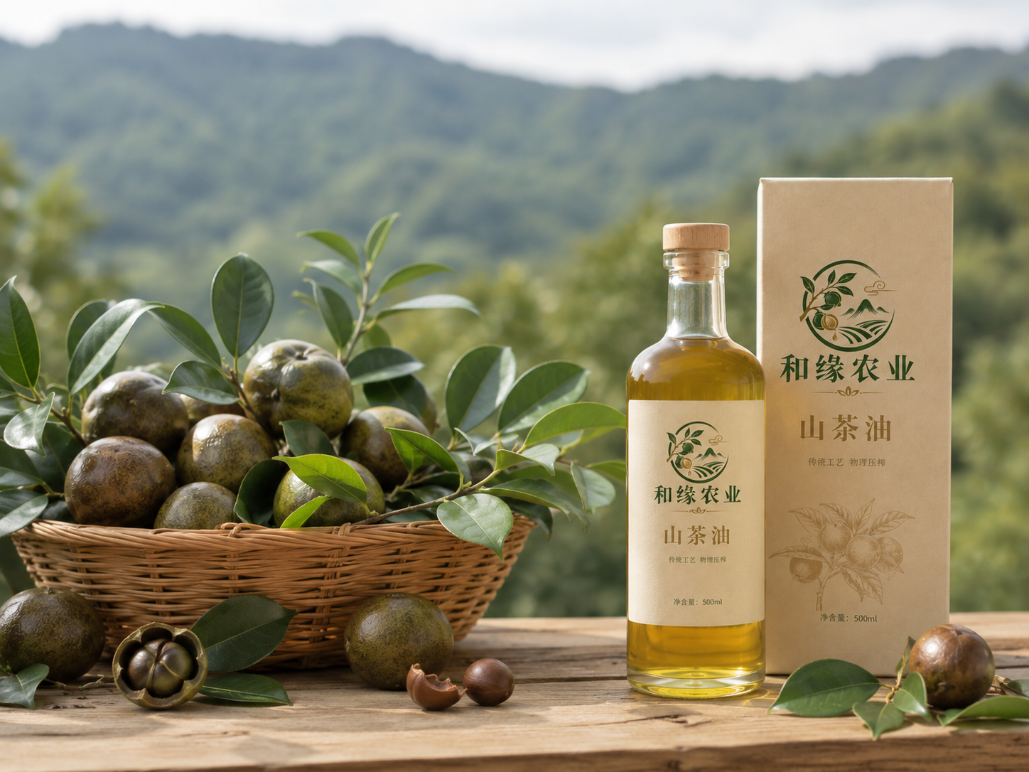 山茶油包装与油茶果原料展示，作为山茶油知识资讯配图